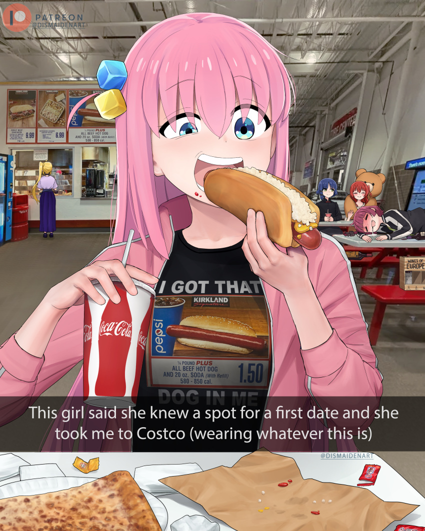 5girls absurdres black_jacket black_shirt blonde_hair blue_eyes blue_hair bocchi_the_rock! bottle braid clothes_writing commentary costco cube_hair_ornament cup dismaiden disposable_cup drinking_straw drooling drunk eating english_commentary english_text food food_on_face gotoh_hitori hair_between_eyes hair_ornament hands_up highres hiroi_kikuri holding holding_cup holding_food hot_dog ijichi_nijika indoors jacket kita_ikuyo long_hair long_skirt multiple_girls open_mouth photo_background pink_hair pink_jacket pizza print_shirt purple_skirt red_hair saliva shirt shoes skirt standing track_jacket twitter_username very_long_hair wine_bottle yamada_ryo