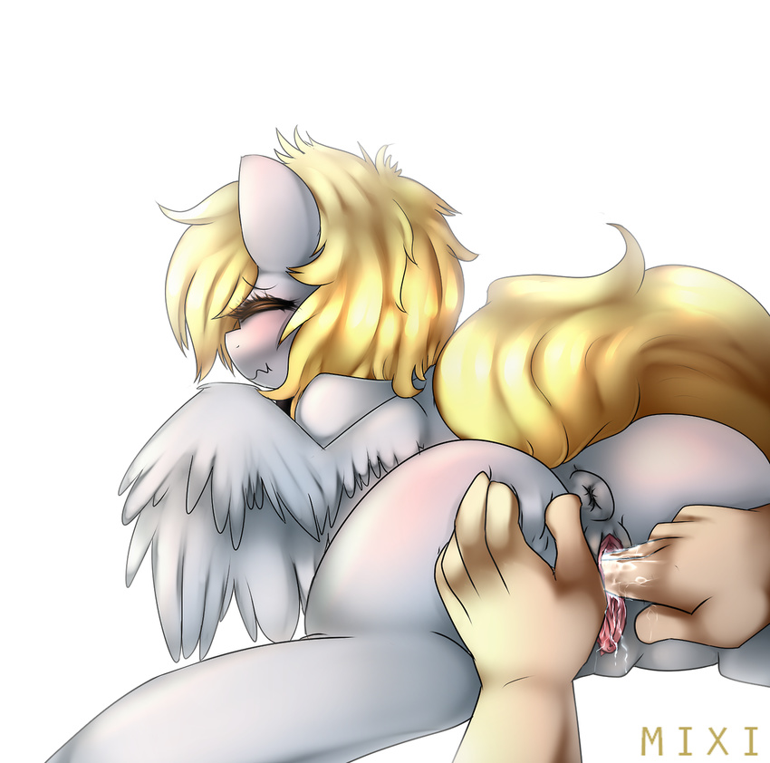 bestiality blonde_hair blush derpy_hooves_(mlp) equine eyes_closed female feral fingering friendship_is_magic from_behind fur grey_fur hair horse human interspecies lying mammal mixipony my_little_pony pegasus penetration plain_background pony pussy pussy_juice spread_legs spreading vaginal vaginal_penetration wings