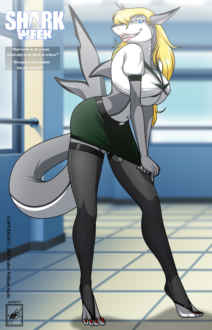 absurd_res anthro big_breasts blonde_hair blue_eyes breasts claws cleavage clothed clothing english_text female fish grey_skin hair hi_res hindpaw inside legwear lips long_hair looking_at_viewer marine navel paws pink_lips pose schoolgirl shark shirt skimpy skirt smile solo stockings text thighs under_boob walter_sache white_skin