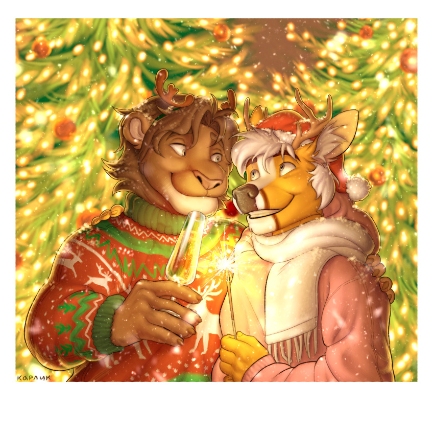 absurd_res alcohol anthro antler_headband antlers beverage blue_eyes border breezy_(breezydiz) brown_body brown_fur cervine champagne champagne_glass christmas christmas_clothing christmas_headwear clothing container cup deer drinking_glass duo fallow_deer felid fur glass glass_container glass_cup hair hat headgear headwear hi_res holidays hoodie horn hug huge_filesize kaz_(kazenosaga) kyungsoo lion looking_at_another male male/male mammal orange_body orange_fur pantherine pink_clothing pink_hoodie pink_topwear red_clothing red_sweater red_topwear santa_hat scarf sparkler sweater topwear white_border white_hair white_scarf