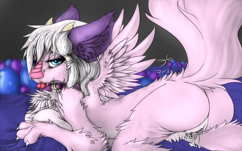 anthro ass_up blue_eyes breasts butt clitbell clitoris collar dragon egg female fluff forked_tongue fur furred_dragon hairband hally looking_at_viewer nude piercing pink_fur presenting pussy raised_tail solo tongue tongue_out xilrayne