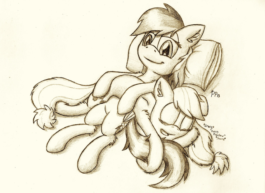 applejack_(mlp) cutie_mark duo english_text equine female feral friendship_is_magic hair horse lying mammal monochrome multi-colored_hair my_little_pony on_back pegasus pillow pony punk-pegasus rainbow_dash_(mlp) sleeping text traditional_media wings