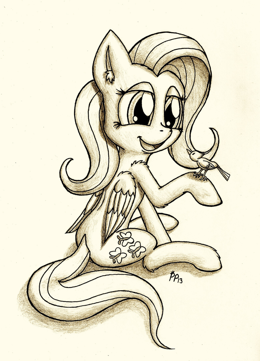 avian bird cutie_mark equine female feral fluttershy_(mlp) friendship_is_magic horse mammal monochrome my_little_pony open_mouth pegasus pony punk-pegasus sitting smile solo traditional_media wings
