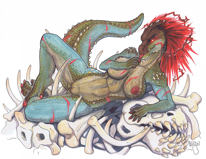 bone breasts brute_wyvern deviljho female iggi licking monster_hunter nipples nude pinup pose pussy red_eyes savage_deviljho scar solo tongue video_games wings wyvern