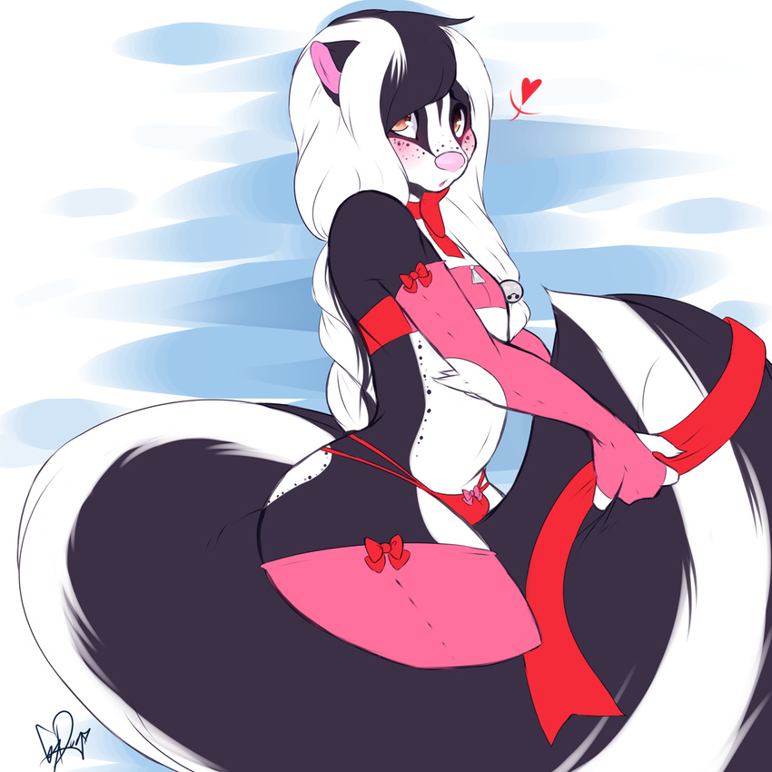 blush bulge clothed clothing crossdressing geekidog girly hair long_hair male mammal pink_nose skimpy skunk solo