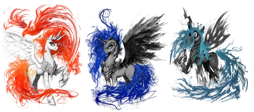 armor changeling equine female feral friendship_is_magic horn horse looking_at_viewer mammal my_little_pony nightmare_moon_(mlp) princess_celestia_(mlp) queen_chrysalis_(mlp) winged_unicorn wings ziom05