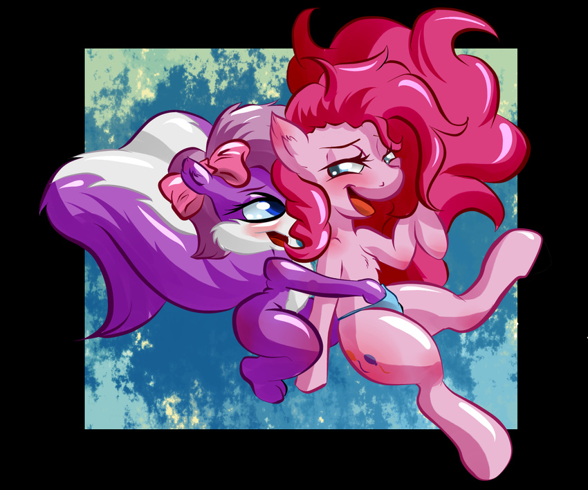 abstract_background anthro blue_eyes blush bow chest_tuft crossover crouching cutie_mark duo equine female feral fifi_la_fume fingering flat_chested friendship_is_magic fur hair half-closed_eyes horse interspecies lesbian mammal my_little_pony panties pink_fur pink_hair pinkie_pie_(mlp) pony purple_fur skunk snus-kun tiny_toon_adventures tiny_toons tongue tuft underwear warner_brothers