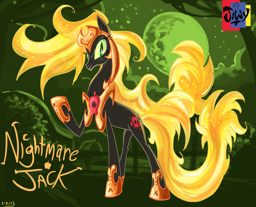 apple applejack_(mlp) blonde_hair cat_eyes corruption cutie_mark equine female feral friendship_is_magic fruit gold green_eyes hair helmet horse jowybean looking_at_viewer mammal moon my_little_pony necklace night outside pony slit_pupils solo sparkles stars tree