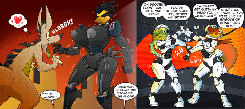 &lt;3 avian big_breasts bird breasts city comic dialog female fight greyofpta helmet machine male mechanical monster nipples open_mouth pacific_rim parody robot suits text tongue tongue_out