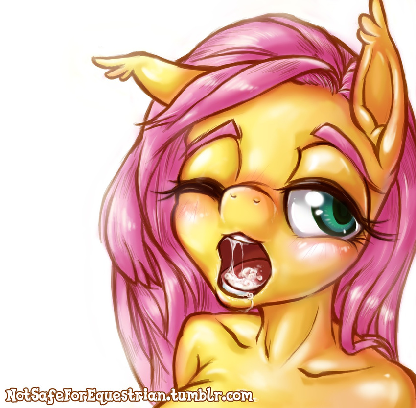 anthro anthrofied cum cum_in_mouth cum_inside designjh english_text equine female fluttershy_(mlp) friendship_is_magic fur green_eyes hair horse mammal my_little_pony one_eye_closed pink_hair plain_background pony solo text white_background wink yellow_fur