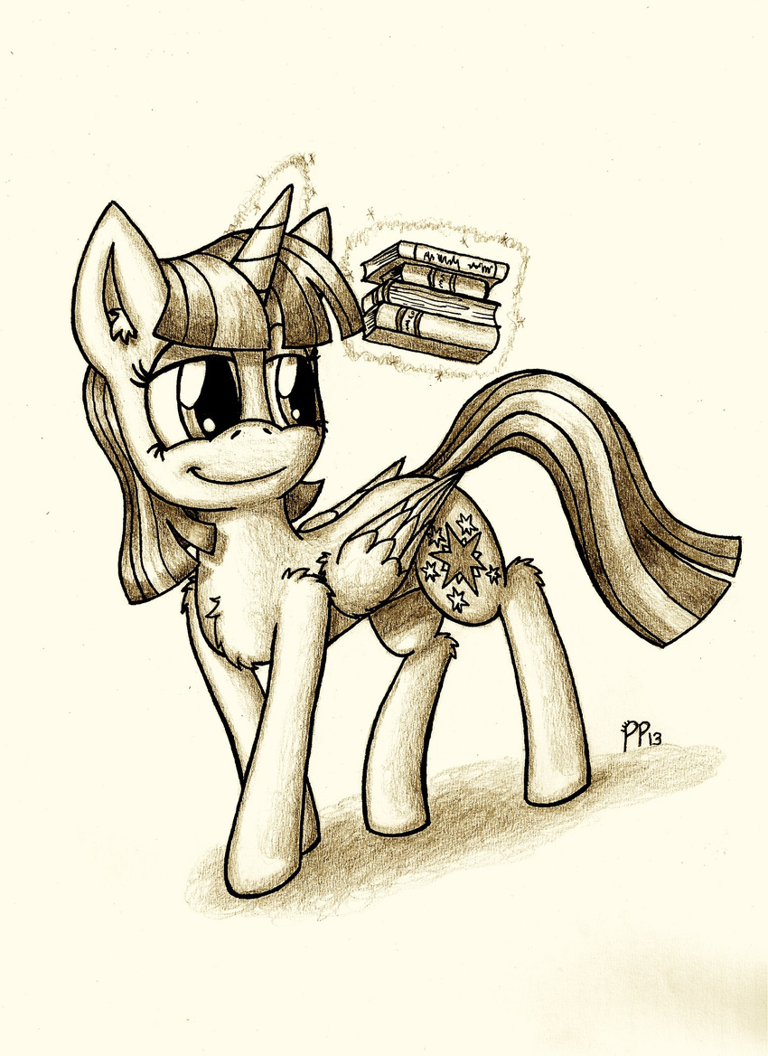 book cutie_mark equine female feral friendship_is_magic hair horn horse levitation magic mammal monochrome my_little_pony pony punk-pegasus solo traditional_media twilight_sparkle_(mlp) two_tone_hair winged_unicorn wings