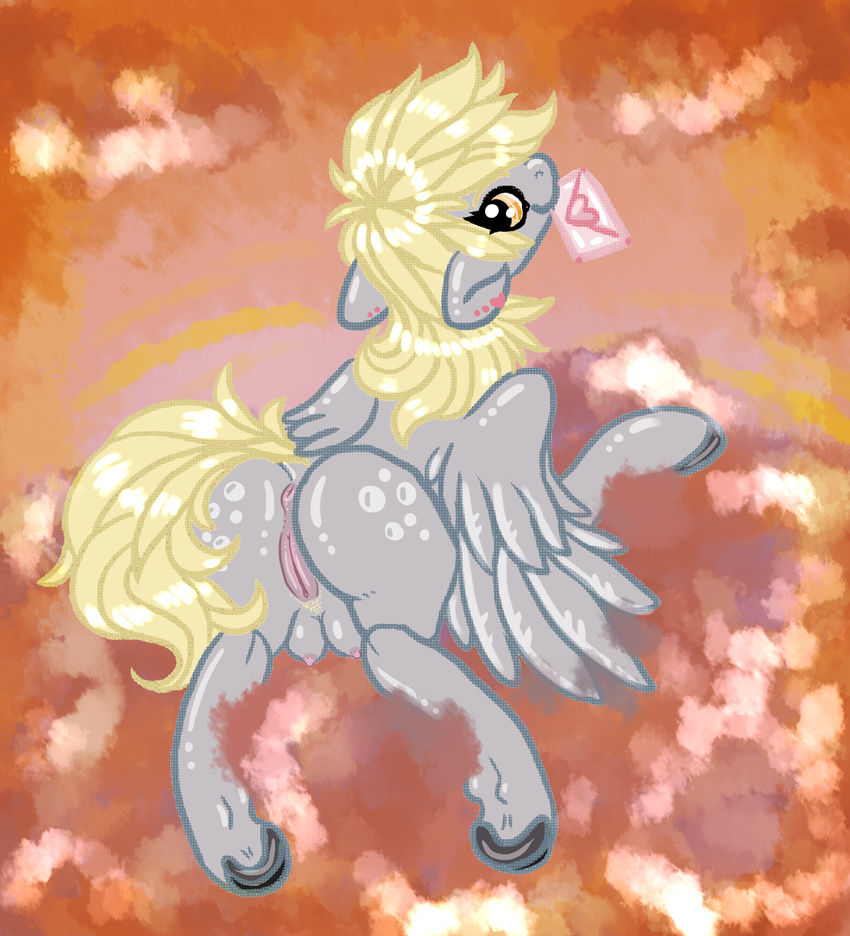 amber_eyes anus blonde_hair coppahhead cutie_mark derpy_hooves_(mlp) ear_piercing equine female feral friendship_is_magic fur grey_fur hair horse letter mammal mouth_hold my_little_pony nipples pegasus piercing pony pubes pussy solo teats wings