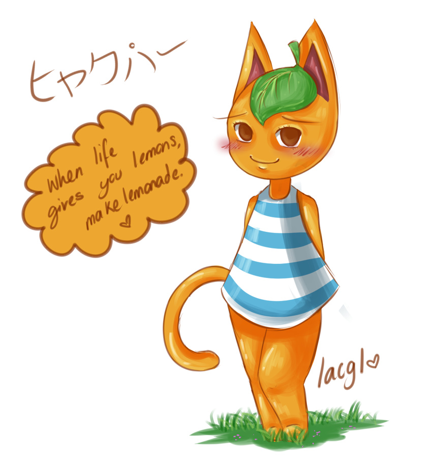 animal_crossing blush brown_eyes english_text feline female lacgl looking_at_viewer mammal nintendo tangy text thick_thighs unknown_artist video_games