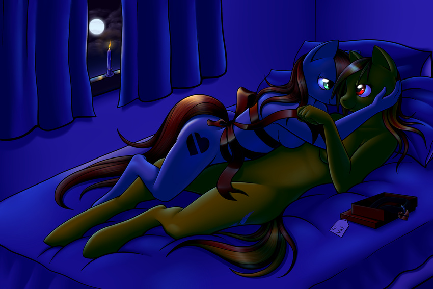 bed bedroom box breasts candle censored collar convenient_censorship couple cuddling curtains cutie_mark equine eye_contact female fire fur gift gray_body green_eyes grey_body grey_fur hair heartstrike horse lesbian lying mammal moon my_little_pony night nude on_back on_side original_character pillow pony ratte red_eyes red_hair ribbons romantic side_boob simple_background smile stars two_tone_hair valkyrie yellow_body yellow_fur