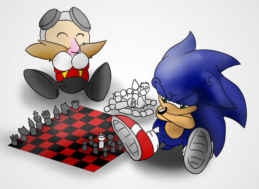 aww blue_hair checkerboard chess crossed_arms eyewear facial_hair giggle green_eyes hair happy hedgehog human male mammal plain_background robotnik sega shirokaze2012 sneakers sonic_(series) sonic_the_hedgehog sulking white_background