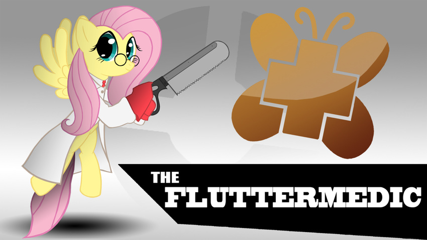 cutie_mark equine eyewear female feral fluttershy_(mlp) friendship_is_magic glasses horse mammal medic_(team_fortress_2) my_little_pony pegasus pony saw team_fortress_2 thealjavis weapon wings