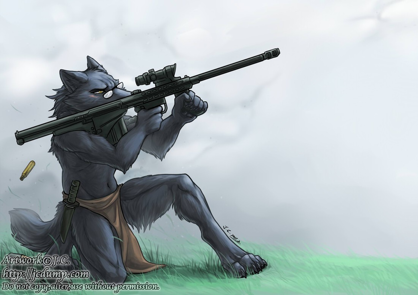 canine clothed clothing eyewear glasses gun j_c_(artist) knife loincloth male mammal ranged_weapon skimpy sniper solo weapon wolf