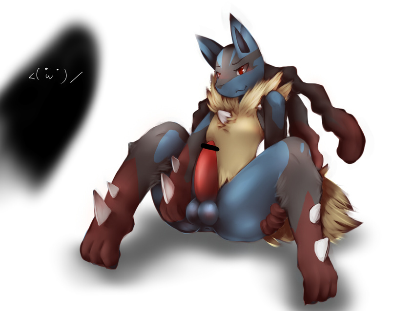 3_toes agitype01 anthro anus balls barefoot beige_fur black_eyes black_penis black_skin blue_fur butt canine censored erection fur gay happy hi_res lucario male mammal mega_evolution mega_lucario nintendo nude penis plain_background pointy_ears pok&#233;mon pok&eacute;mon red_eyes red_penis red_skin shadow shiny sitting skin smile smirk spikes spread_legs spreading tan_fur tears video_games white_background white_eyes