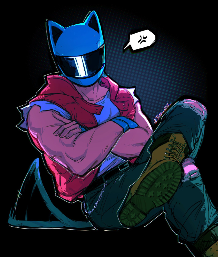 1boy anger_vein animal_ear_helmet animal_helmet belt belt_buckle ben-day_dots biker_(hotline_miami) black_belt blue_pants boots brown_boots buckle cat_boy cat_helmet cat_tail commentary crew_neck crossed_arms crossed_legs denim english_commentary fingerless_gloves gloves helmet highres hood hood_down hooded_jacket hotline_miami jacket jeans male_focus motion_blur motorcycle_helmet open_clothes open_jacket pants red_jacket screentones shirt shirt_tucked_in short_sleeves sitting sleeveless sleeveless_jacket solo speech_bubble spoken_anger_vein tail tail_wagging tatsu_(tatsumccree) torn_clothes torn_pants white_shirt