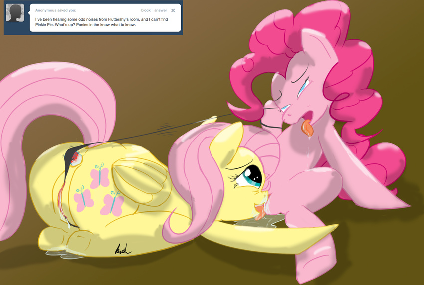 anal anal_insertion anal_penetration blue_eyes cunnilingus cutie_mark duo english_text equine female feral fluttershy_(mlp) friendship_is_magic fur green_eyes hair horse insertion kitsuneymg lesbian mammal my_little_pony oral oral_sex pegasus penetration pink_fur pink_hair pinkie_pie_(mlp) pony pussy pussy_floss pussy_juice sex sex_toy text tumblr vaginal vibrator wings yellow_fur