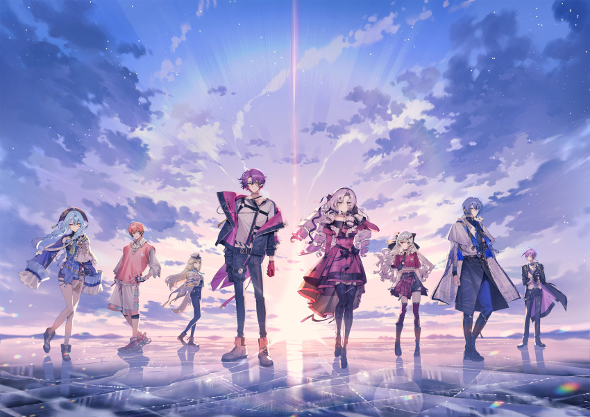 4boys 4girls akagi_wen akagi_wen_(1st_costume) ankle_boots black_coat black_gloves black_hair black_jacket black_pants black_thighhighs blonde_hair blue_dress blue_hair blue_overskirt blue_pants blue_sky boots bow cape capelet choker cloud coat colored_inner_hair commentary dawn dispersion_(optics) dog_tail dress drill_hair english_commentary fishnets glint gloves grey_hair hair_bow half-skirt hat highres hyakumantenbara_salome hyakumantenbara_salome_(1st_costume) ice ishigami_nozomi ishigami_nozomi_(1st_costume) jacket knee_boots koyanagi_rou koyanagi_rou_(1st_costume) kurohal lens_flare light_particles long_hair long_sleeves multicolored_hair multiple_boys multiple_girls nijisanji o-ring off-shoulder_shirt off_shoulder official_art open_clothes open_coat open_jacket otomo_(koyanagi_rou) outdoors pants pink_hair pink_jacket pink_sky pink_sweater_vest purple_hair purple_thighhighs red_dress red_gloves red_shirt red_skirt sakaki_ness sakaki_ness_(1st_costume) second-party_source shioriha_ruri shioriha_ruri_(1st_costume) shirt shoes short_dress short_hair shorts side_capelet side_slit skirt sky sleeves_past_fingers sleeves_past_wrists standing standing_on_one_leg sun sweater_vest tail tamanoi_nana tamanoi_nana_(1st_costume) thighhighs two-sided_fabric two-sided_jacket two-tone_hair very_long_hair virtual_youtuber watarai_hibari watarai_hibari_(1st_costume) white_cape white_capelet white_shirt white_shorts