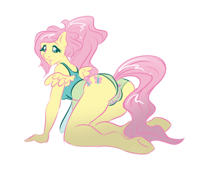 alpha_channel anthro anthrofied anus anz blue_eyes breasts butt equine female fluttershy_(mlp) friendship_is_magic fur hair horse kneeling long_hair looking_at_viewer looking_back mammal my_little_pony panties pegasus pink_hair plain_background pony presenting presenting_hindquarters pussy side_boob teeth translucent transparent_background transparent_clothing underwear whatisinmytea wings yellow_fur