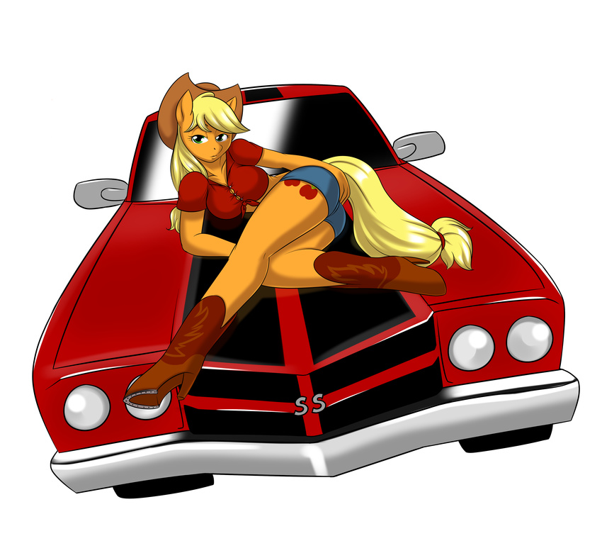 absurd_res anthro anthrofied applejack_(mlp) blonde_hair boots breasts butt car chevrolet clothed clothing cowboy_boots cowboy_hat cutie_mark equine female friendship_is_magic green_eyes hair hat headlights hi_res horse kloudmutt looking_at_viewer lying mammal muscle_car my_little_pony on_side plain_background pony pose sergeantbuck shorts smile solo white_background
