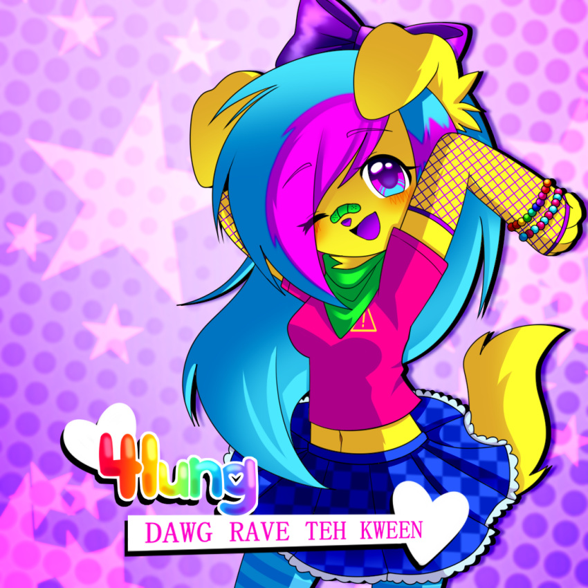 1:1 4lung anthro armwear band-aid bandage bandage_on_face bandage_on_nose blue_hair bottomwear bracelet canid clothing female fishnet_armwear fishnet_clothing fur glistening glistening_eyes hair jewelry kemono kerchief kittywuvspizza legwear long_hair looking_at_viewer mammal neckerchief neckwear one_eye_closed open_mouth open_smile pattern_background pose simple_background skirt smile solo sparklefur stockings striped_hair text text_with_heart wink winking_at_viewer yellow_body yellow_fur