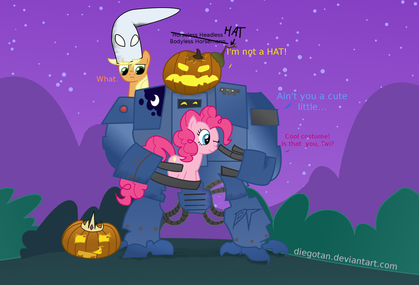 bush candlejack crossover dialog diegotan dreadnought equine female feral friendship_is_magic hat headless_horseman hill horse mammal my_little_pony pinkie_pie_(mlp) pony princess princess_celestia_(mlp) princess_luna_(mlp) pumpkin royalty stars text warhammer_(franchise) warhammer_40k