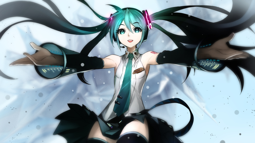 aqua_eyes aqua_hair armpits detached_sleeves hatsune_miku headset highres kriss_sison long_hair looking_at_viewer name_tag necktie open_mouth outstretched_arms skirt smile solo tattoo thighhighs twintails very_long_hair vocaloid zettai_ryouiki