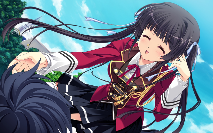 1girl ankoromochi black_hair blush eyes_closed game_cg jacket katsuranomiya_saya long_hair ribbon school_uniform shitsuji_ga_aruji_wo_erabu_toki skirt thighhighs twintails white_legwear