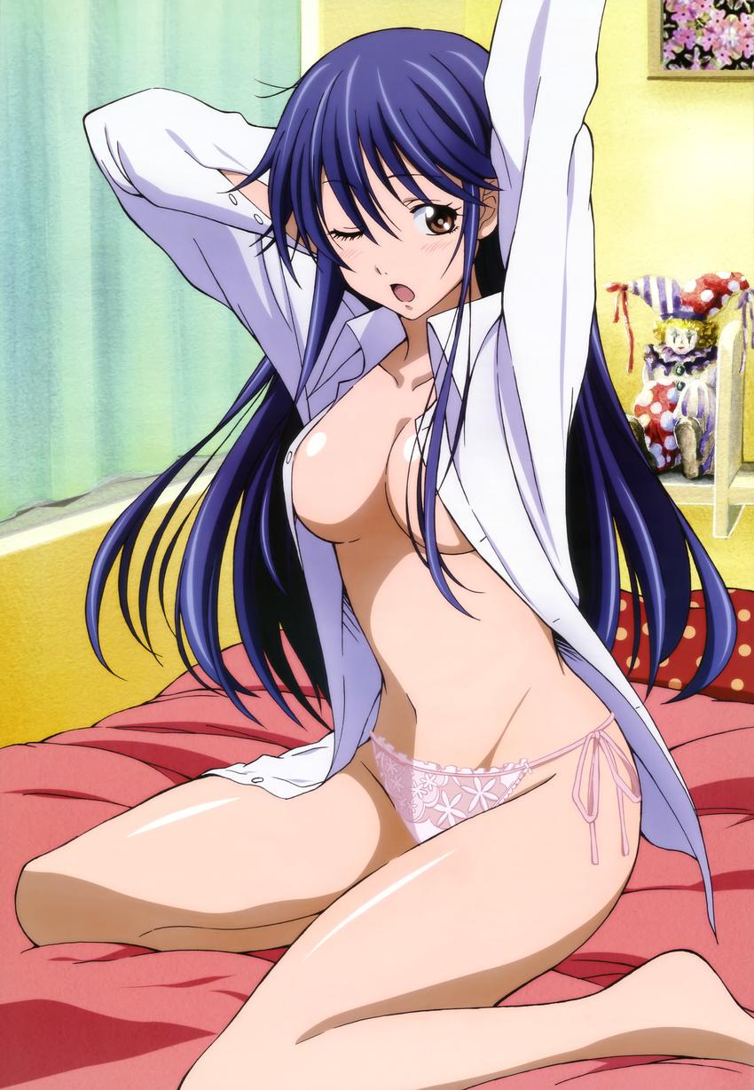 absurdres bed blue_hair breasts brown_eyes cleavage dress_shirt eba_yuzuki highres kimi_no_iru_machi legs long_hair medium_breasts no_bra no_pants non-web_source nyantype official_art one_eye_closed open_clothes open_mouth open_shirt panties shirt side-tie_panties sitting solo stretch underwear very_long_hair