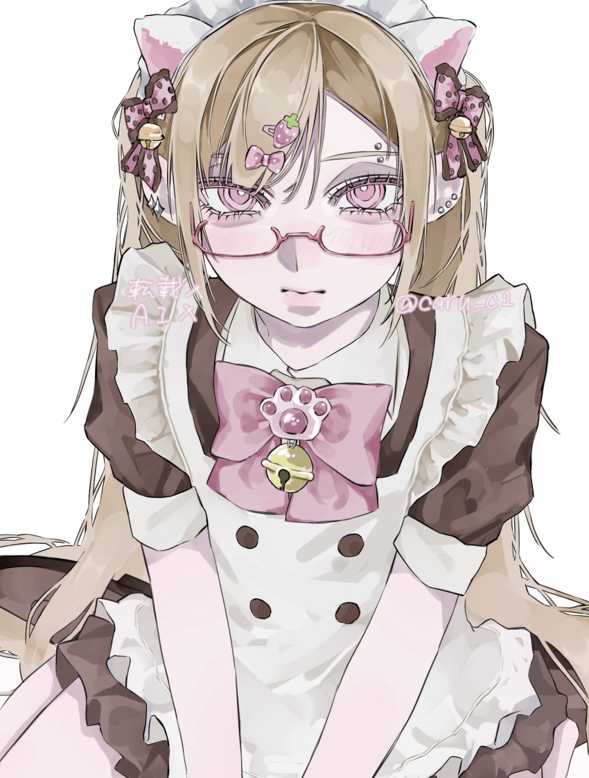 1girl aegyo_sal animal_ears apron arms_between_legs bell blonde_hair bow brown_dress caru_c1 closed_mouth commentary dress ear_piercing expressionless eyebrow_piercing face_piercing fake_animal_ears glasses hair_between_eyes hair_bow highres jingle_bell long_hair looking_at_viewer maid maid_apron maid_headdress multiple_hair_bows original parted_bangs piercing pink-framed_eyewear pink_bow pink_eyes polka_dot polka_dot_bow semi-rimless_eyewear short_sleeves simple_background sitting solo twintails untranslatable_commentary wariza white_background