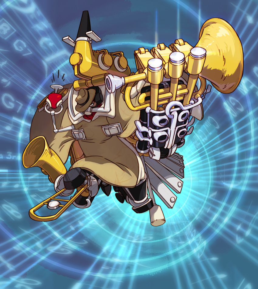 1boy alex_ahad big_band blue_eyes cyborg fedora hat highres horn_(instrument) instrument lab_zero_games long_coat male male_focus official_art saxophone skullgirls solo trombone trumpet