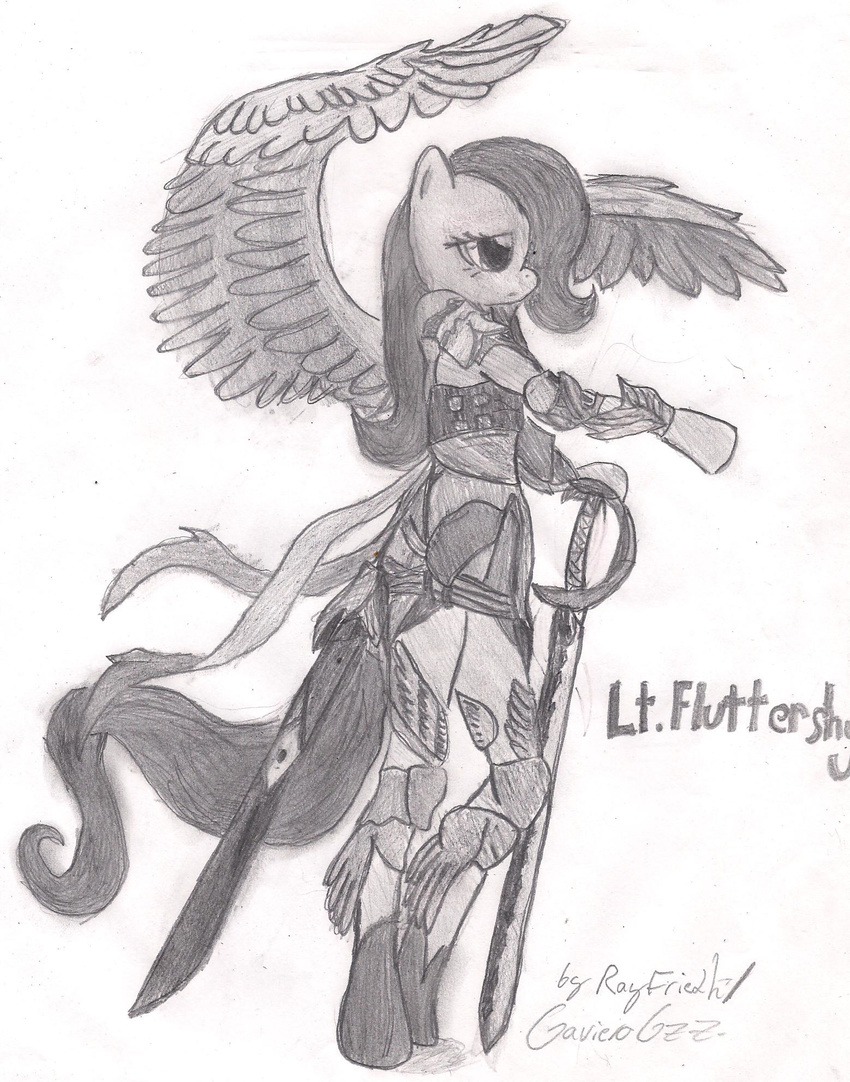 anthro anthrofied armor equine female fluttershy_(mlp) friendship_is_magic greyscale horse mammal monochrome my_little_pony pegasus plain_background pony rayfriedh solo sword traditional_media weapon white_background wings
