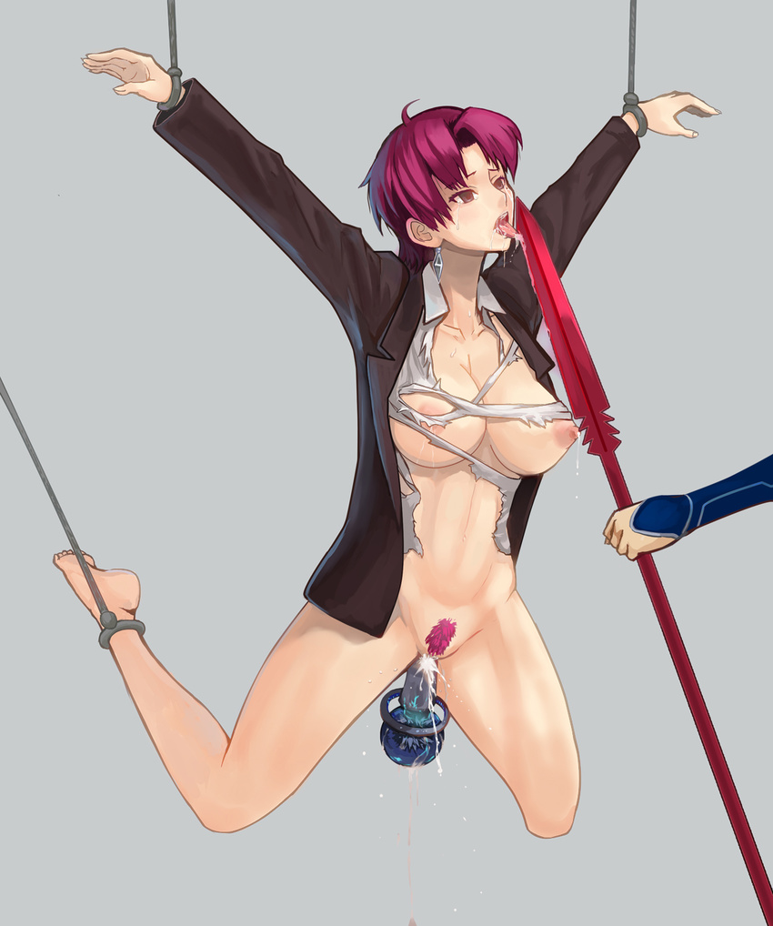 1boy 1girl bad_end bazett_fraga_mcremitz bdsm bondage bound breasts cumming defeated dildo dripping earrings empty_eyes fate/hollow_ataraxia fate_(series) female_ejaculation forced fragarach gae_bolg hanging helpless insertion jacket jewelry lactation lancer large_breasts licking nipples object_insertion orgasm polearm pubic_hair purple_eyes purple_hair restrained rope saliva short_hair slave spear suspension tears tongue torn_clothes weapon wet