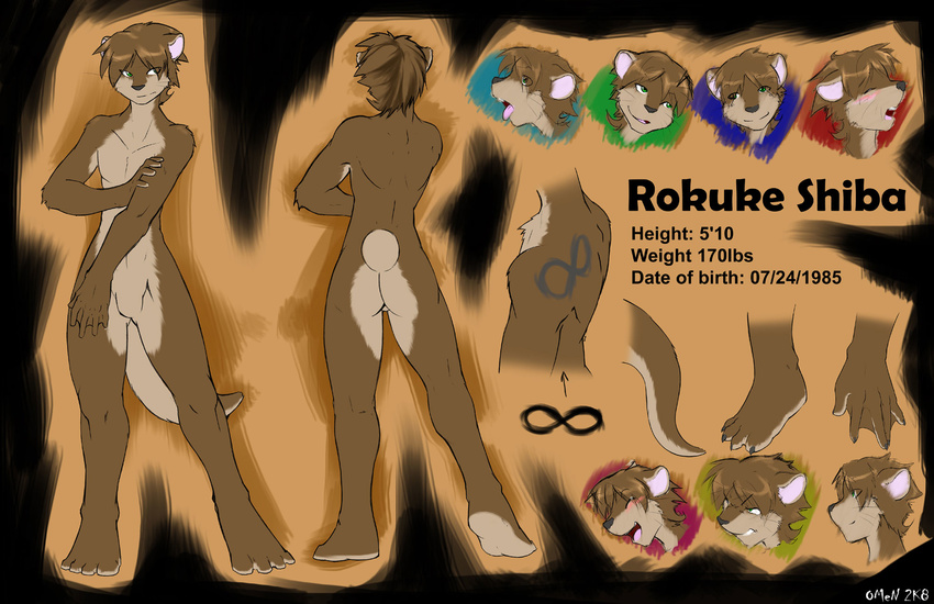 barefoot blush eyes_closed male mammal model_sheet mustelid nude otter plain_background rokuke_shiba_(character) rokukeshiba solo tattoo tongue tongue_out webbed_feet webbed_hands