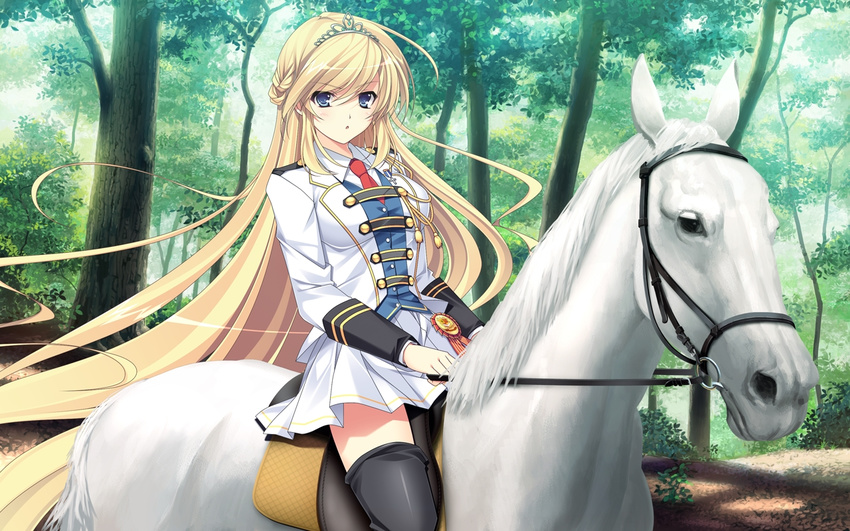 1girl amelia_rose_brettingham ankoromochi black_legwear blonde_hair blue_eyes horse school_uniform shitsuji_ga_aruji_wo_erabu_toki thighhighs uniform