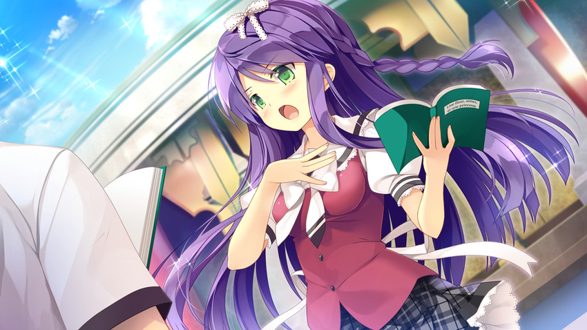 blush book daikou_wakako game_cg green_eyes koi_saku_miyako_ni_ai_no_yakusoku_wo_~annaffiare~ natsume_eri purple_hair ribbons seifuku