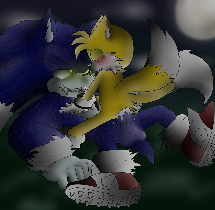 anal anal_penetration anthro balls blue_eyes blue_hair bluechika blush butt canine cum cum_in_ass cum_inside dark fox gay green_eyes hair hi_res hyper looking_back male mammal miles_prower night penetration penis sega sex sketch sonic_(series) sonic_the_werehog sonic_unleashed video_games werehog