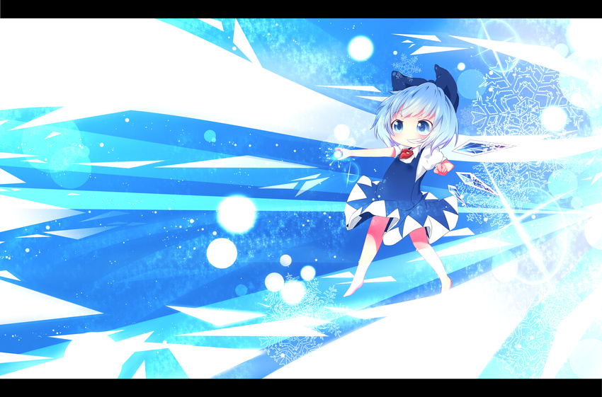akisha bad_id bad_pixiv_id blue_eyes blue_hair bow cirno dress hair_bow highres ice ice_wings open_mouth short_hair short_sleeves smile solo touhou wings