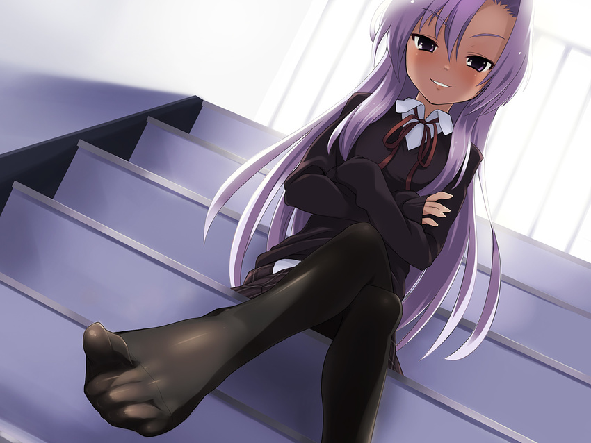 game_cg otoba-sama_ni_wa_sakaraenai purple_hair seifuku stairs thighhighs