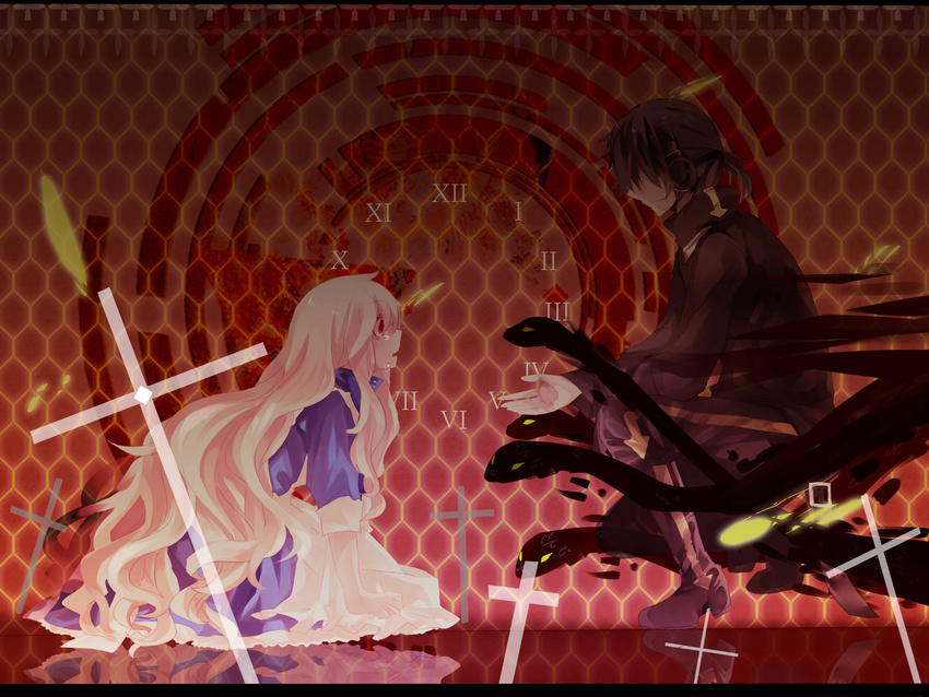 1girl aki_(a2006p1074) black_hair blonde_hair boots clock cross dark_konoha directional_arrow dress headphones highres honeycomb_(pattern) honeycomb_background kagerou_project konoha_(kagerou_project) kozakura_marry long_hair open_mouth outer_science_(vocaloid) red_eyes roman_numerals scarf short_hair smile snake tears very_long_hair yellow_eyes