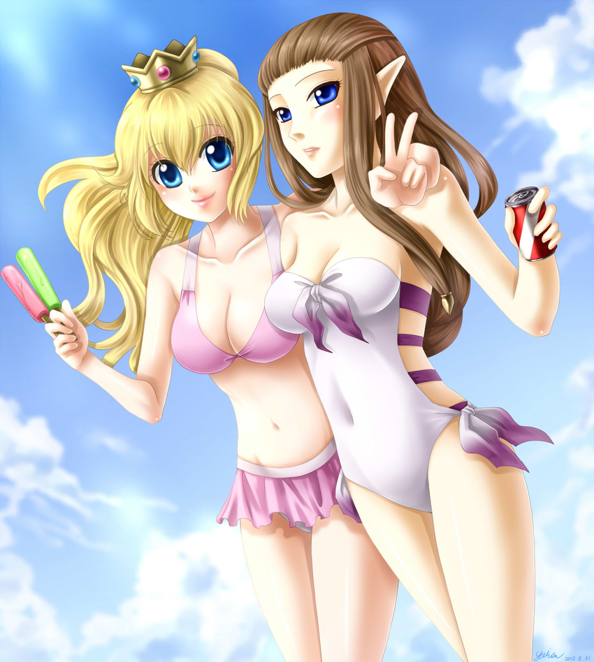 bikini bikini_skirt blonde_hair blue_eyes breasts brown_hair can casual_one-piece_swimsuit company_connection crown drink food highres long_hair mario_(series) medium_breasts multiple_girls one-piece_swimsuit pointy_ears ponytail popsicle princess_peach princess_zelda soda_can super_mario_bros. swimsuit the_legend_of_zelda the_legend_of_zelda:_twilight_princess v yuino_(fancy_party)