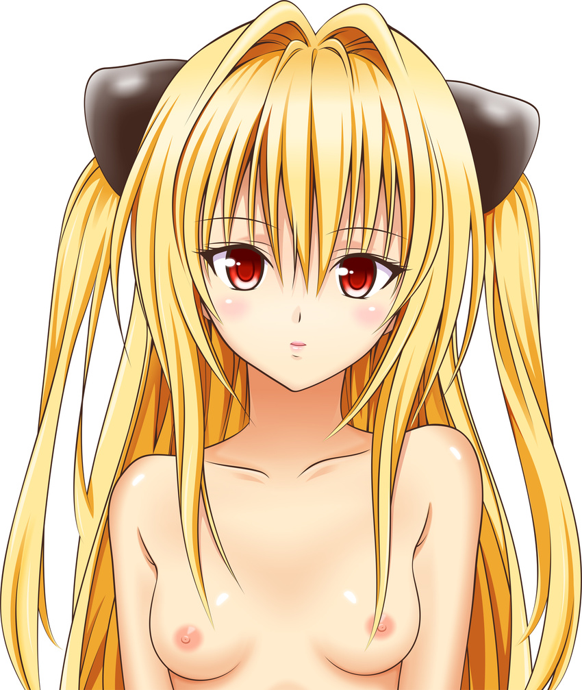 aki99 bad_id bad_pixiv_id blonde_hair blush breasts highres konjiki_no_yami long_hair looking_at_viewer nipples nude red_eyes simple_background small_breasts solo to_love-ru upper_body white_background