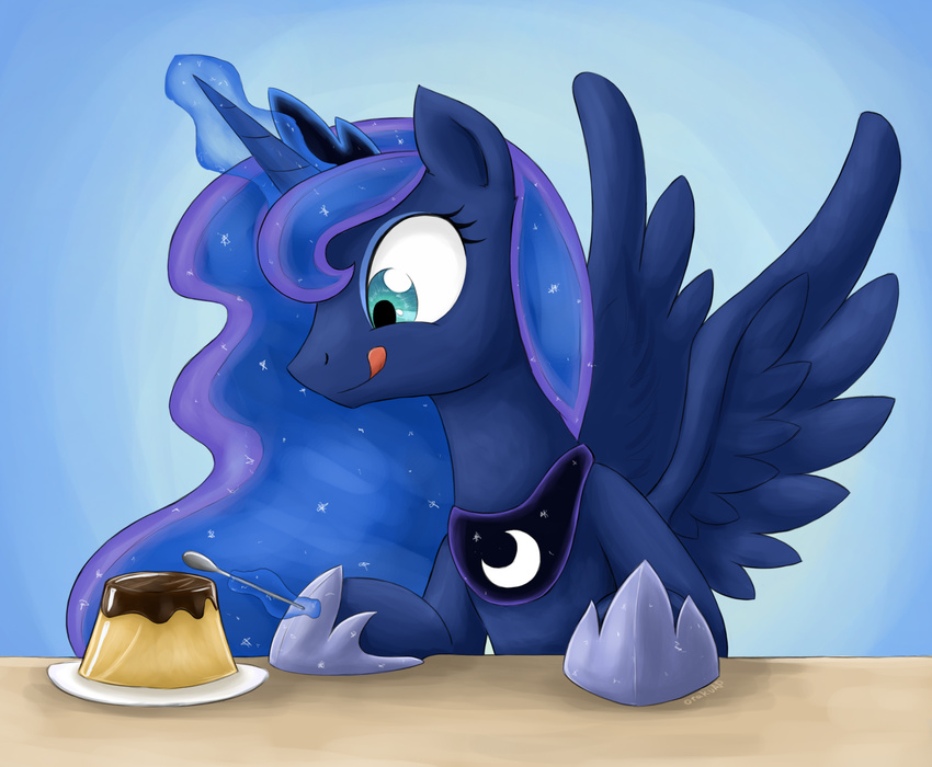 blue_eyes crown desert equine eyeshadow female feral flan friendship_is_magic glowing horn horse levitation licking licking_lips magic makeup mammal moon my_little_pony necklace otakuap pony princess_luna_(mlp) sparkles spoon table tongue tongue_out winged_unicorn wings