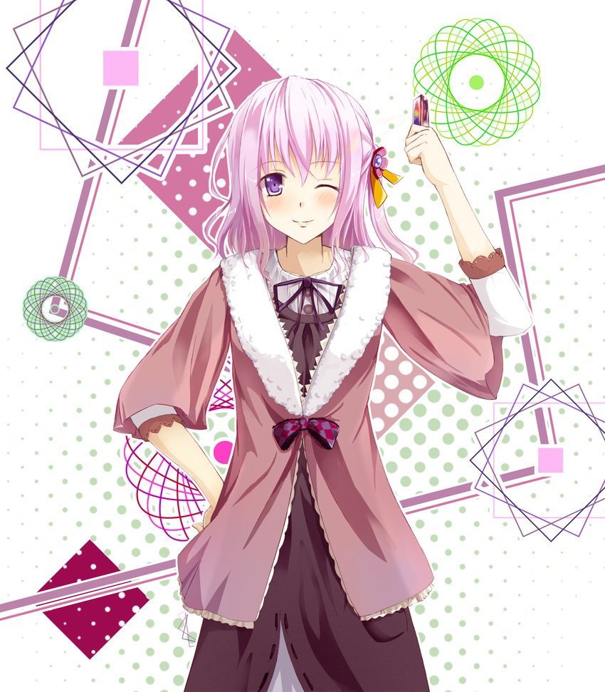 absurdres bad_id bad_pixiv_id hair_ornament hand_on_hip highres holding kyaro_(kyaro54) one_eye_closed original pink_hair purple_eyes short_hair smile solo standing