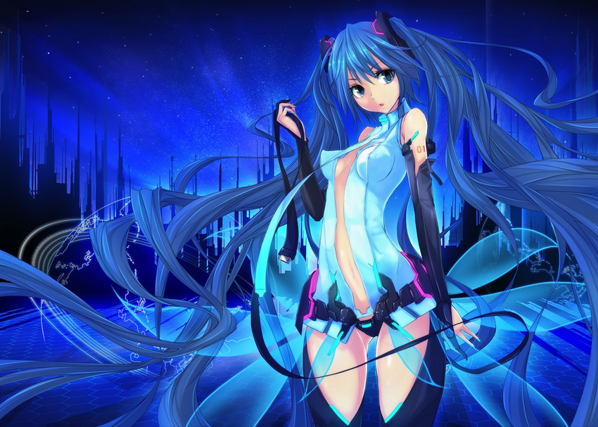 1girl bad_id bad_pixiv_id blue_background blue_eyes blue_hair breasts bridal_gauntlets center_opening detached_sleeves floating_hair hatsune_miku hatsune_miku_(append) holding long_hair looking_at_viewer medium_breasts no_bra open_clothes open_mouth perky_breasts solo standing thighhighs twintails very_long_hair vocaloid vocaloid_append