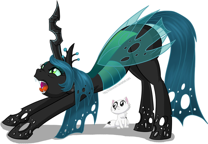 blue_hair changeling crown equine fangs female feral friendship_is_magic hair hollowzero horn long_hair mammal my_little_pony plain_background queen queen_chrysalis_(mlp) royalty slit_pupils stretching transparent_background winged_unicorn wings
