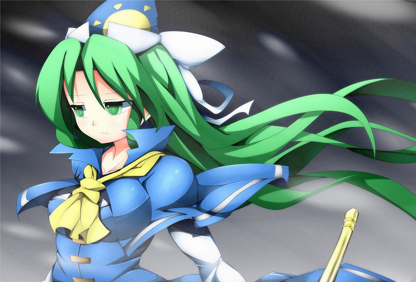 ascot bad_id bad_pixiv_id blue_capelet capelet dress dress_shirt green_eyes green_hair gurahatto hat long_hair mima ribbon shirt smile solo staff touhou touhou_(pc-98) wizard_hat